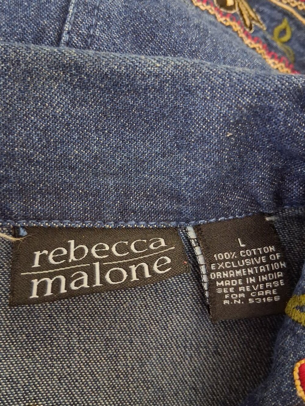 Rebecca Malone | Dark Wash Short Denim Jacket with Red Floral Embroidery | Sz L - Picture 6 of 8